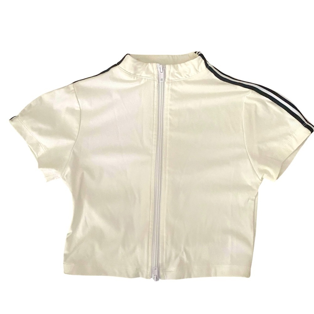 Garage White Zip Up Cropped Top Small Striped Sleeves